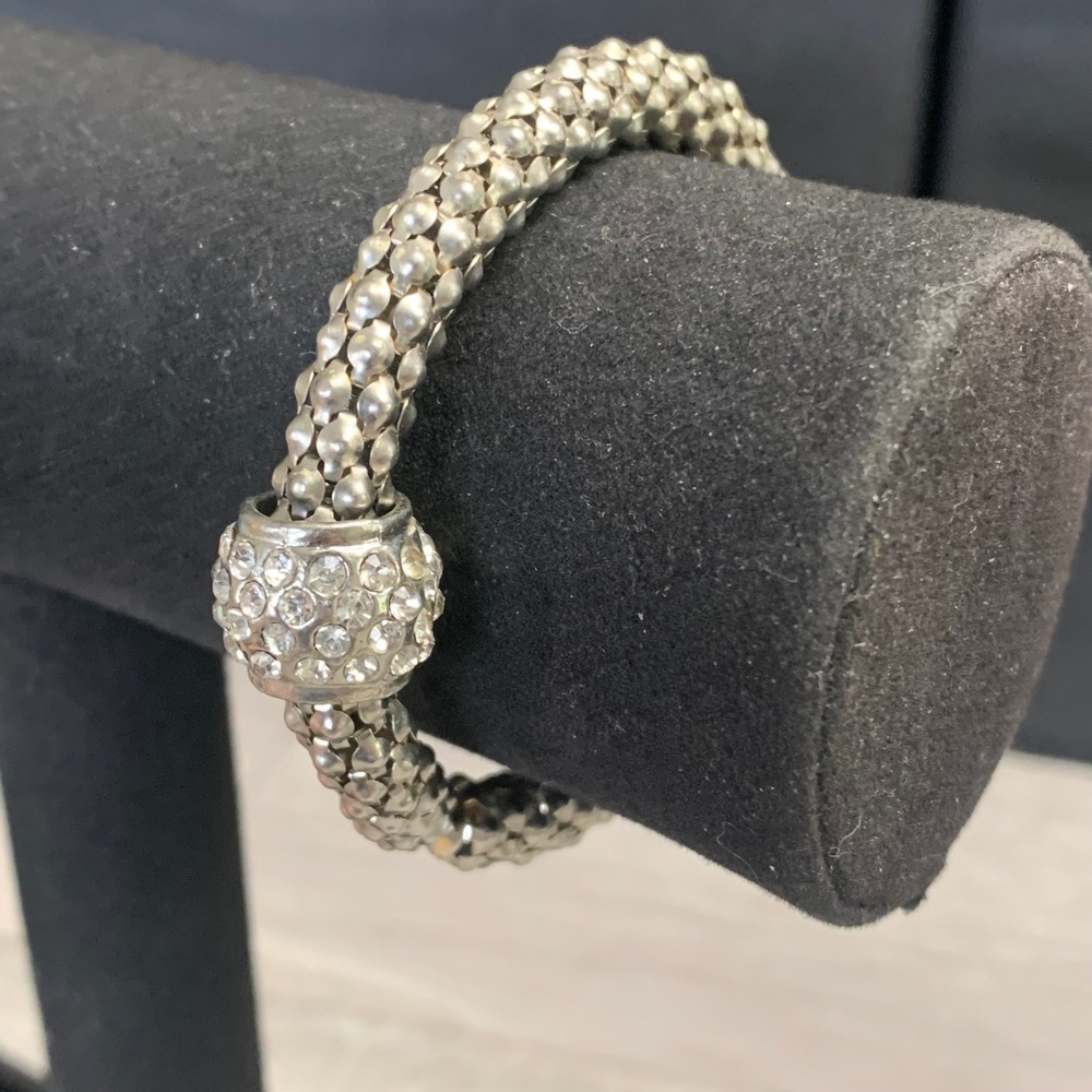 Silver Tone Popcorn Mesh Stretch Bracelet Rhinestone Pave Slider Bead